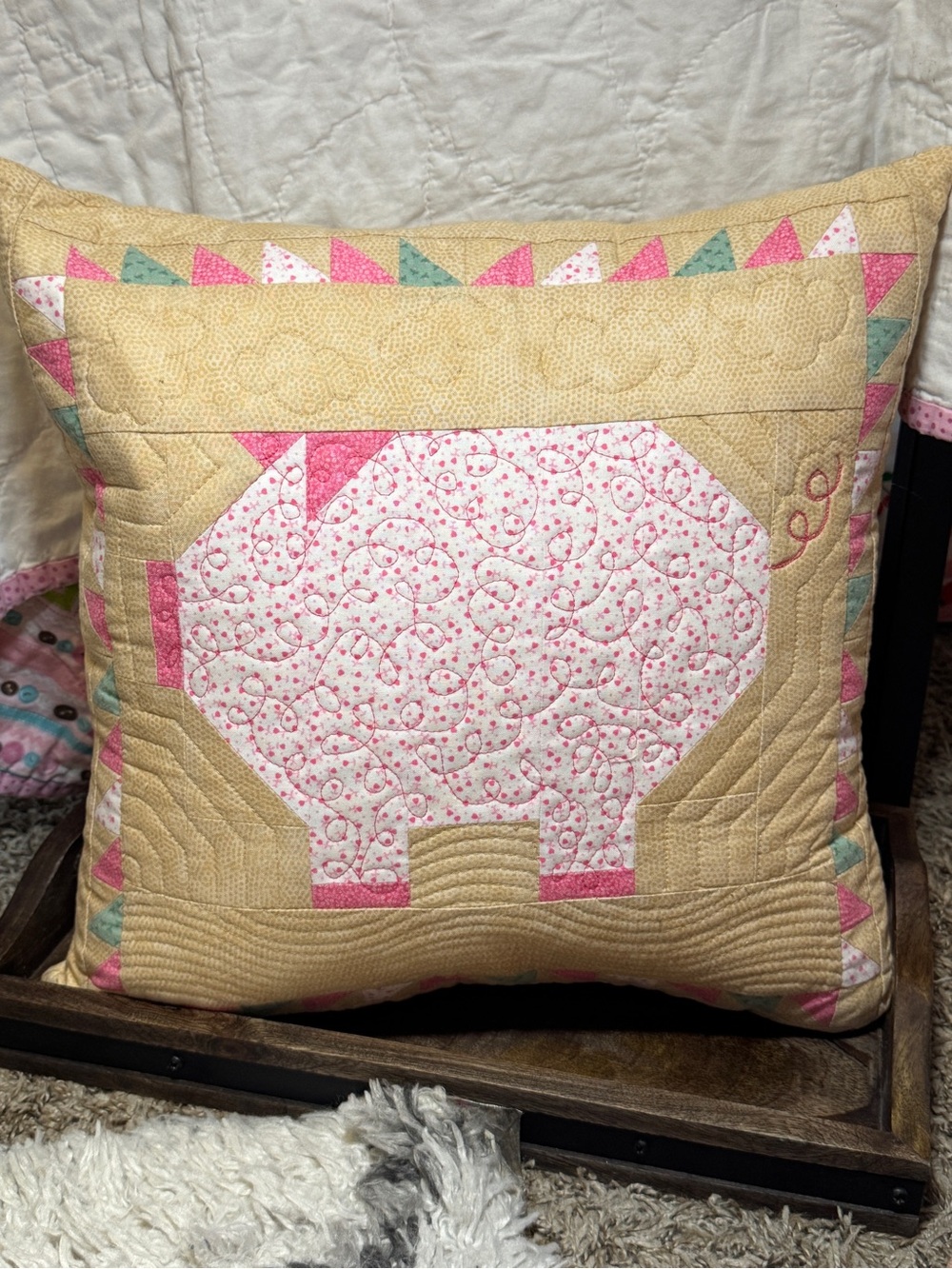 Handmade Lori Holt "Penny the Pig" Quilted Pillow Cover with down pillow 16 x 16